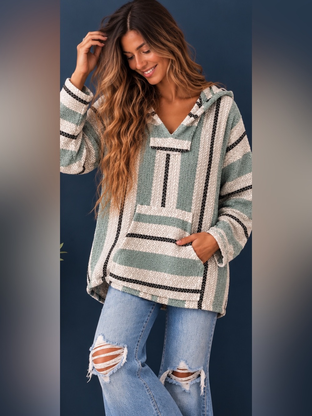 Baja Joe Baja Hoodie | Southwestern Boho Pullover | Sage + White
